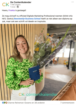 Bijdrage van Contentkalender op LinkedIn over Franka's diploma.